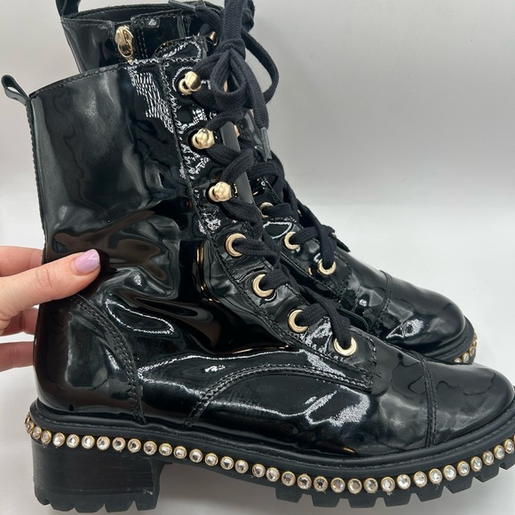 Schutz “Andorra” Black Patent Leather Laced Up Combat Boots W/ Rhinestones SZ 8 - Picture 5 of 14